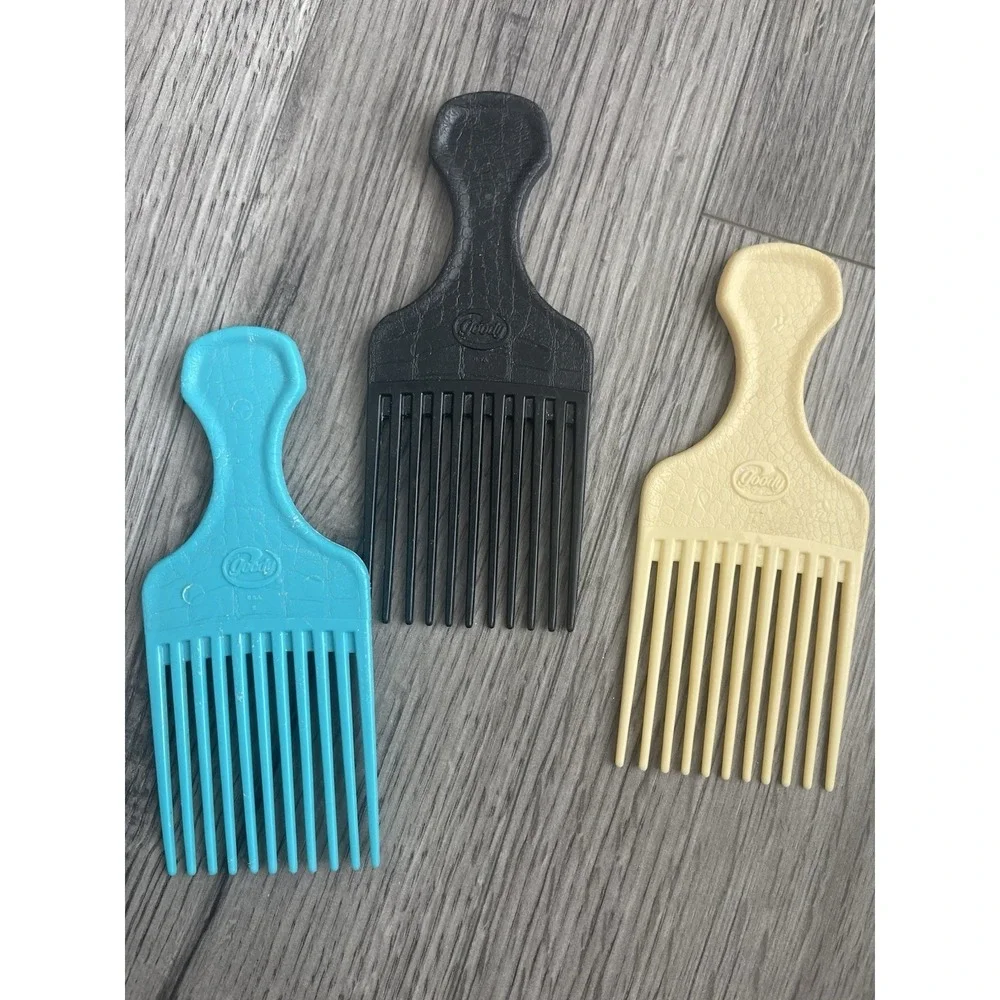 Vintage Goody USA Hair Picks/Lift Combs Textured Plastic Black Cream & Turquoise
